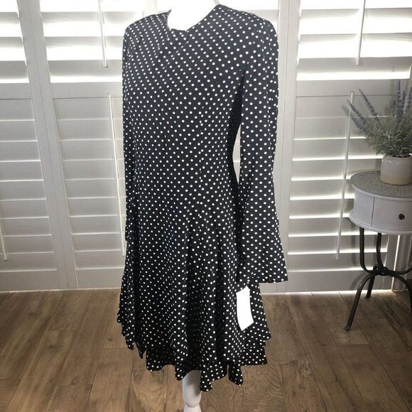 Vtg 80s D Frank Polka Dot Dress 12 NEW A Line Black Tiered Skirt Cute Flirty Fun - Picture 10 of 12